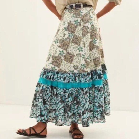 Anthropologie Raga Floral Patchwork Tiered Maxi Skirt Gypsy Bohemian